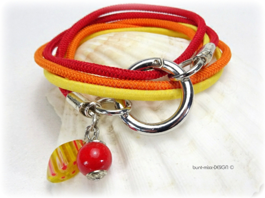 Wickelarmband Armband sunshine Holzperle millefiori Glasperle, 3 Bänder rot orange gelb